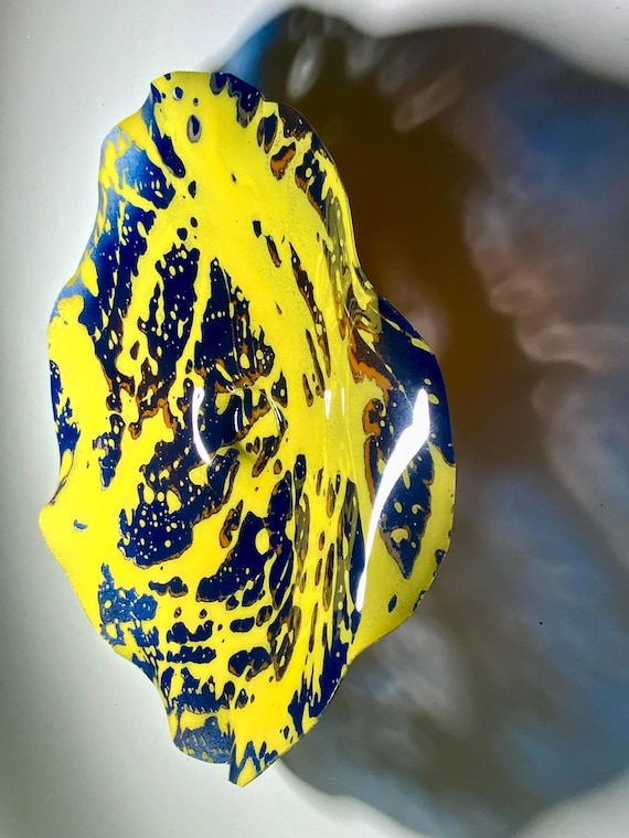 Minimalist wall flower home decor medium 12" dark blue/yellow/orange handmade/upcycled plastic/living room art/yard art/looks like glass