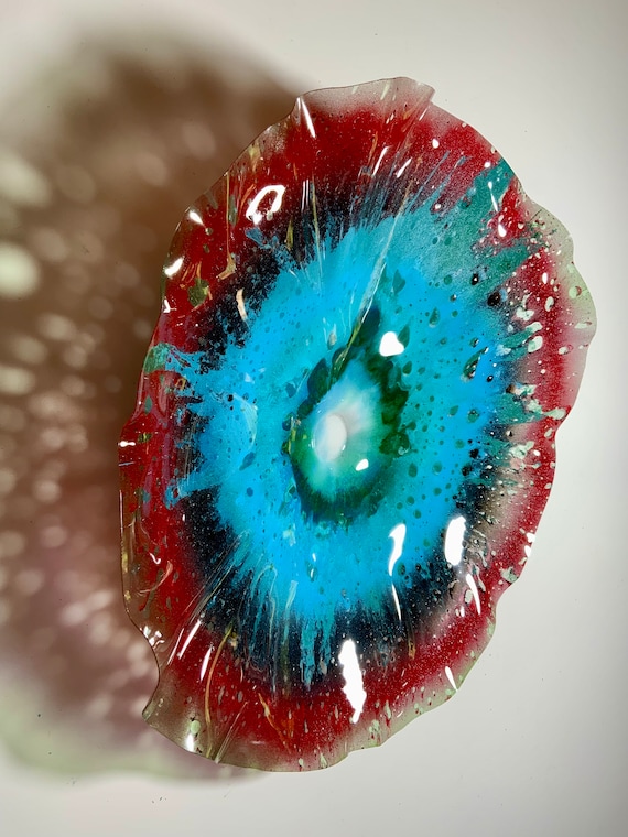 Handmade upcycled plastic round wall flower home decor extra large 20” collectible art red/light blue/black/green home art/looks like glass