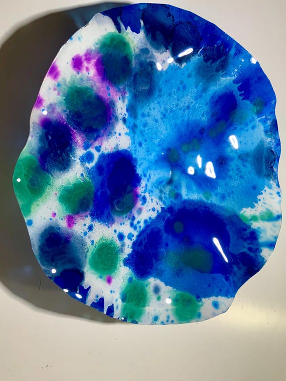 CoralREEFlections original wall flower plate large 15” blue/purple/aqua/white/green recycled plastic/cool beach home decor/looks like glass