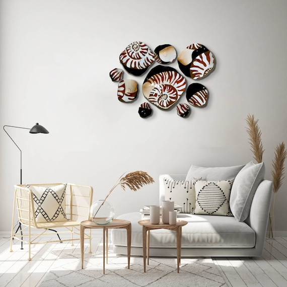 Large Wall nautilus Sculpture mural brown/white/black 9 handmade polymer/unique wall art/beach home decor coastal wall art/looks like glass
