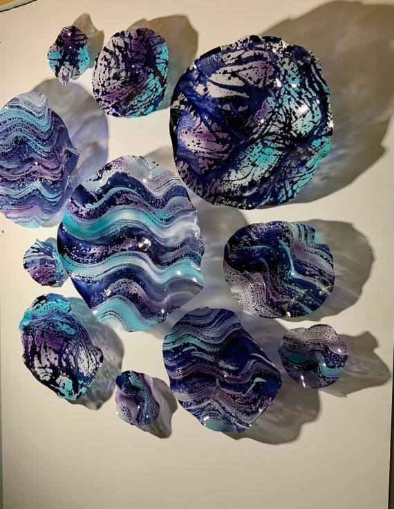 Upcycled Plastic Wall Flower Sculpture: Purple, Lavender & Aqua Blue Mural/handmade looks like glass