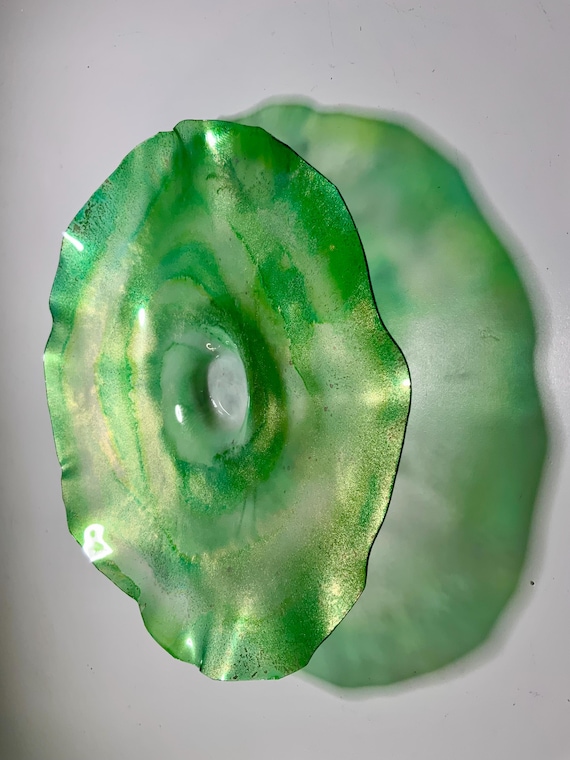 Small Wall flower decor vibrant art for home 9”” green & gold blend handmade recycled plastic - looks like glass
