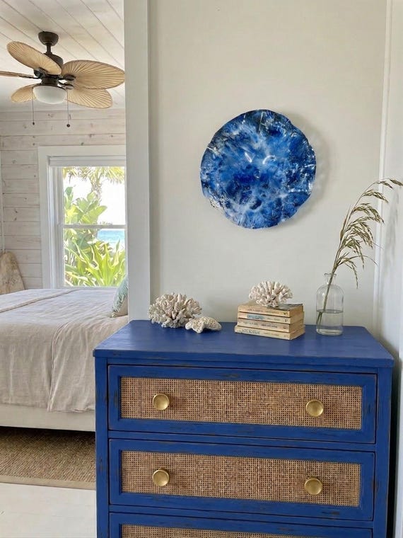 Todd Lynd Recycled Plastic Flower Wall Art, handmade Glass-Like Effect, 19" blue, black & White