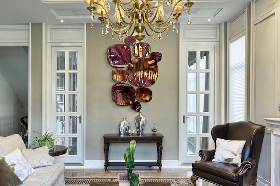 Handmade Wall sculpture dish art recycled plastic home decor 9 bronze/gold/black/mauve/copper/boho large wall mural mount/looks like glass