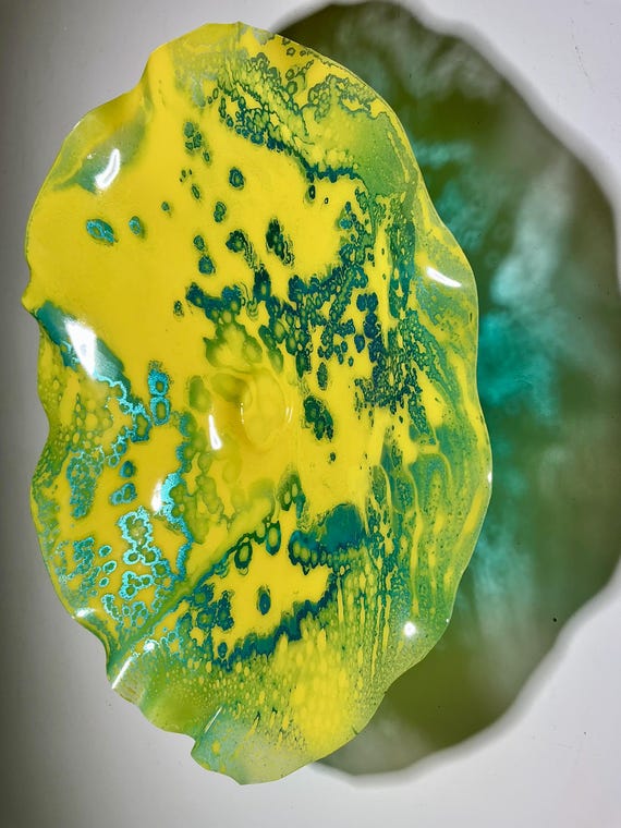 Handmade upcycled PET Flower Wall Art: yellow and blue 15” – Coastal Home Decor- looks like glass