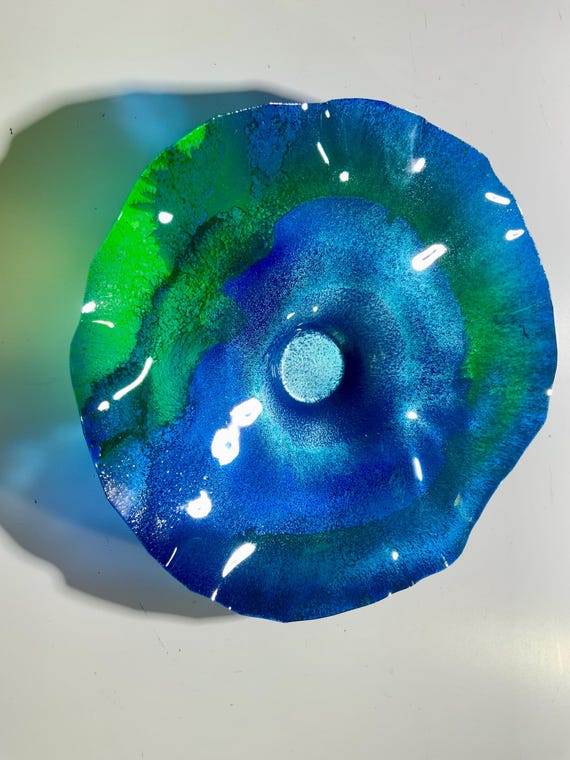 Ocean Arts Original small wall flower 9” handmade up cycled plastic/blue/green/silver indoor outdoor home decor/looks like glass/patio art