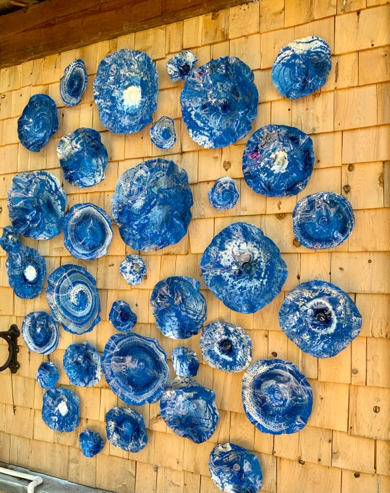 Made to order huge wall flower mural Ocean navy blue/white 34 handmade/beach home decor eco-friendly plastic looks like glass/coastal art