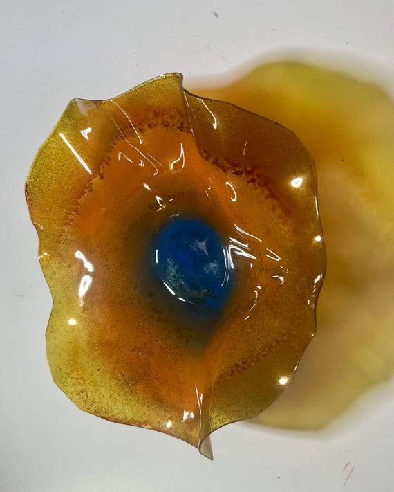 5” Handmade Wall Flower Decor - Recycled Plastic- orange, yellow & blue Gift Idea-looks like glass