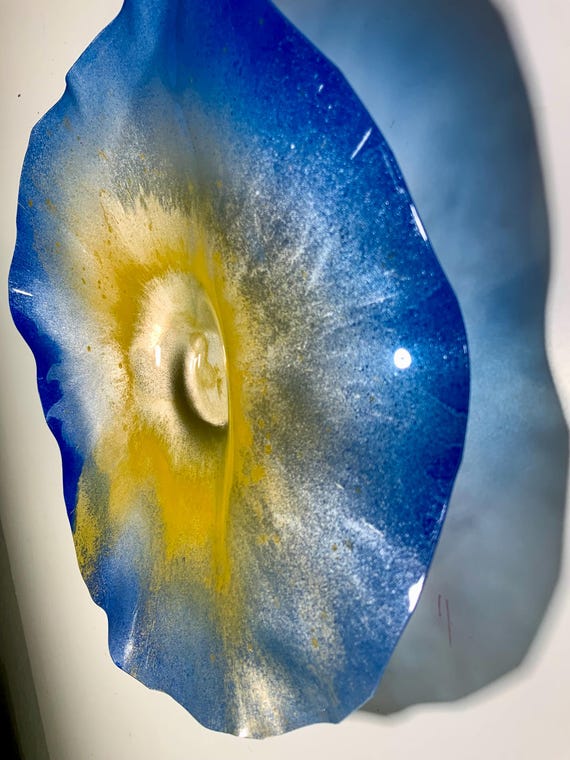 Original Ocean Arts handmade eco friendly plastic wall flower blue/silver/saffron yellow small 9” looks like glass/patio/happy home decor