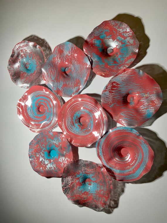 Upcycled Plastic Wall Flower Mural set of 9: Coral, Aqua, and Silver Home Decor glass look