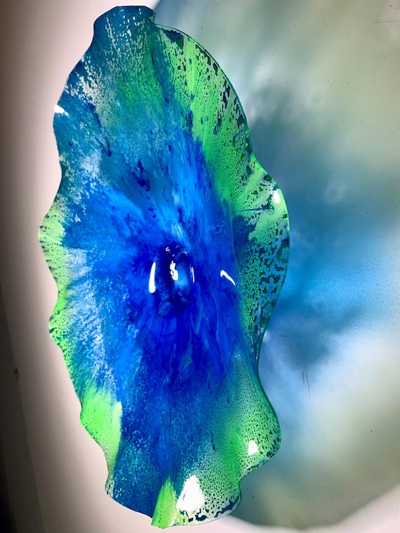 Handmade wall flower coralreeflections art 13”/up cycled plastic/green/blue/home decor coastal wall hanging/looks like glass/bedroom art