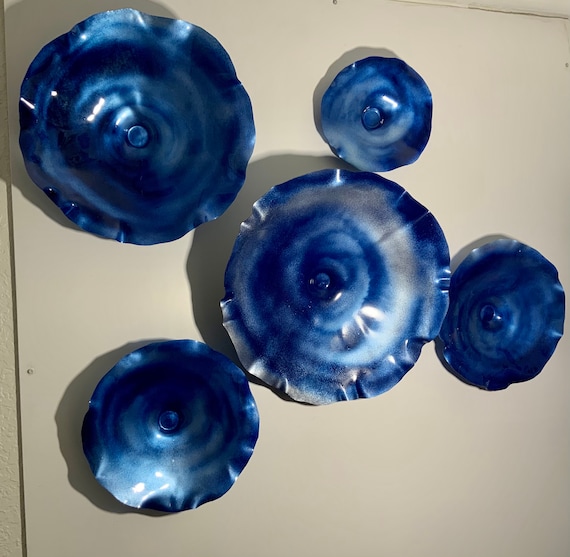 Made to order silver/blue wall flower mural 5 handmade looks like glass/recycled plastic large wall hanging/boho home decor/yard patio art