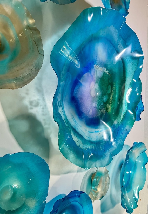 Exclusive Sea Glass Series: Large Wall Mural Set of 11 Handmade Recycled Plastic Decor-sea blue and gold