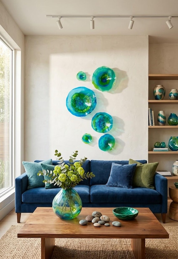 Coastal wall decor 6 oceanic blues, teals & emerald greens handmade beach house decor- eco-friendly polymer -  looks like glass
