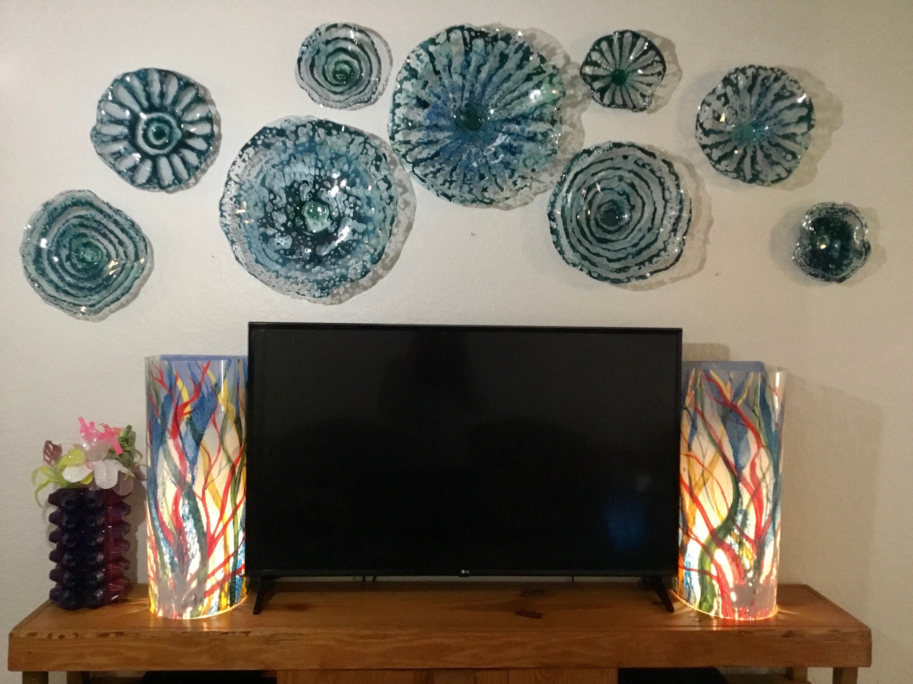 Teal bluegreen wall sculpture set 9 upcycled plastic wall mount/fine art platter indoor