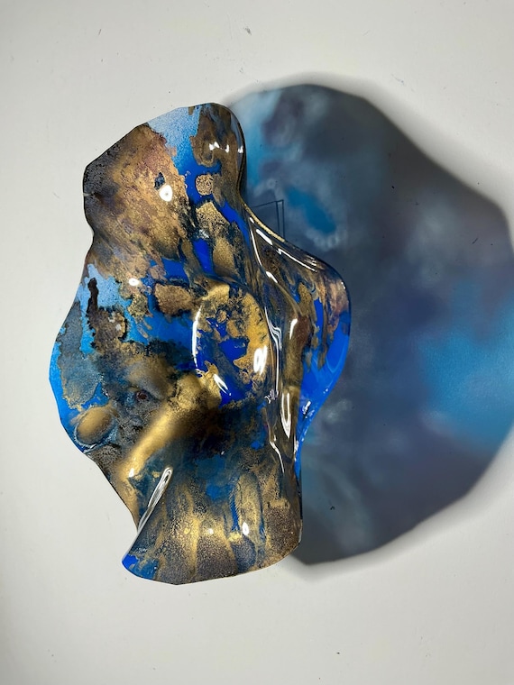 Extra small gold& blue handmade Recycled Polymer Wall Flower Art 5 inch- home Decor- looks like glass
