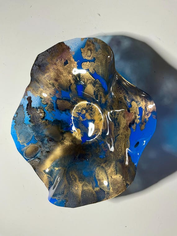 Extra small gold& blue handmade Recycled Polymer Wall Flower Art 5 inch- home Decor- looks like glass