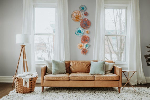 Wall flower sculpture 10 handmade home decor mural orange/aqua/white eco-friendly plastic looks like glass/ceiling art