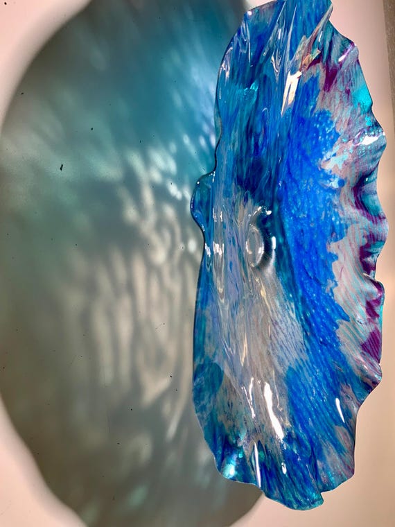 Beach decor blue/silver/purple plum/turquoise  Wall Flower plate home decor unique art 15” handmade eco-friendly plastic/looks like glass