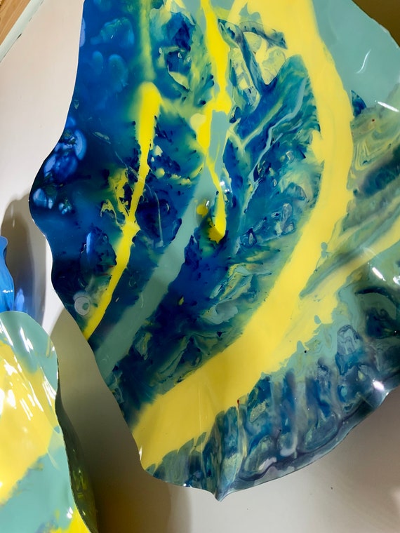 Wall Sculpture 5 yellow/purple /blue/sage green handmade recycled plastic home decor- looks like glass