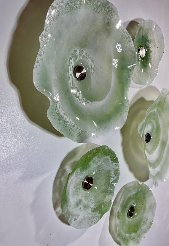 Large Wall Mural Set of 5 shades of seafoam, moss, sage green - Handmade Recycled Polymer Decor -glass like look