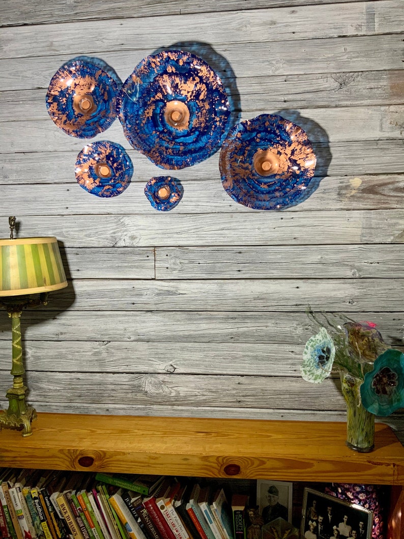 Recycled plastic wall flower Cobalt blue/copper wall hanging/home decor art/you pick size/quantity handmade indoor outdoor/looks like glass image 1