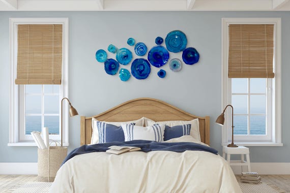 Exclusive Sea Glass Series: Large Wall Mural Set of 14 Handmade Recycled Plastic Decor-ocean blues