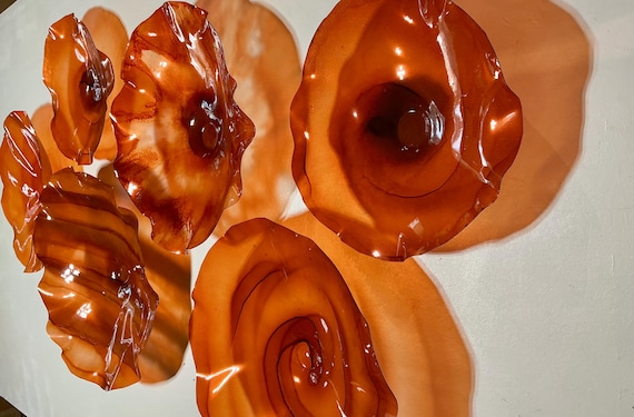 Exclusive Sea Glass Series: colorful shades of amber- burnt orange Wall Mural Set of 6 Handmade Recycled Polymer- glass like look