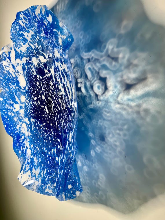 Recycled water bottle wall flower accent mural 12" ocean blue/white handmade eco art/boho coastal home decor/outdoor art/looks like glass