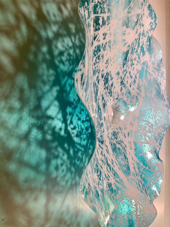 Extra large wall hanging funky living room decor art/handmade up-cycled 19” coastal home art/metallic teal/white Ocean Arts/looks like glass