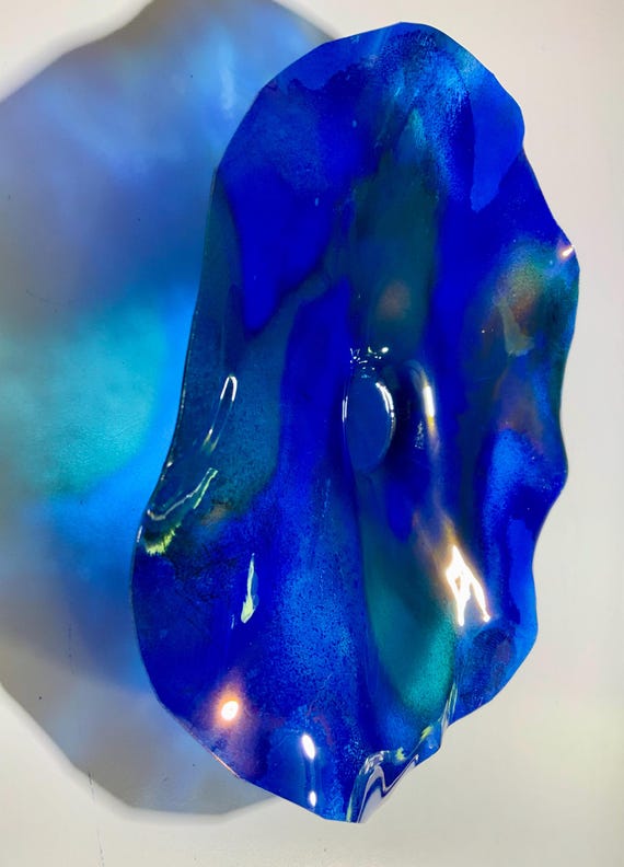 Original Recycled polymer Small Wall flower handmade 9” cobalt blue & green -home decor/looks like glass