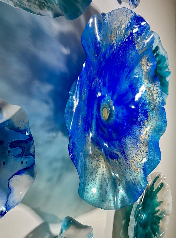 Exclusive Sea Glass Series: Large Wall Mural Set of 9 Handmade Recycled Plastic Decor-sea blue, aqua, white & gold