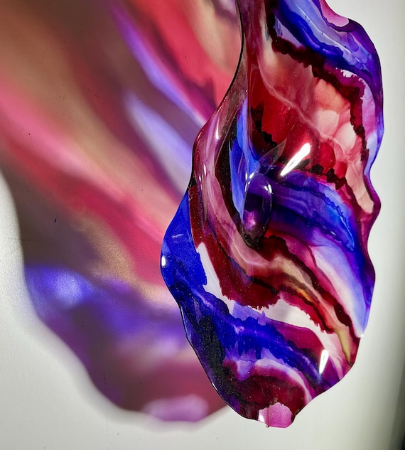 Vibrant up cycled polymer Wall Art 9” | blue and burgundy Home Decor- looks like glass