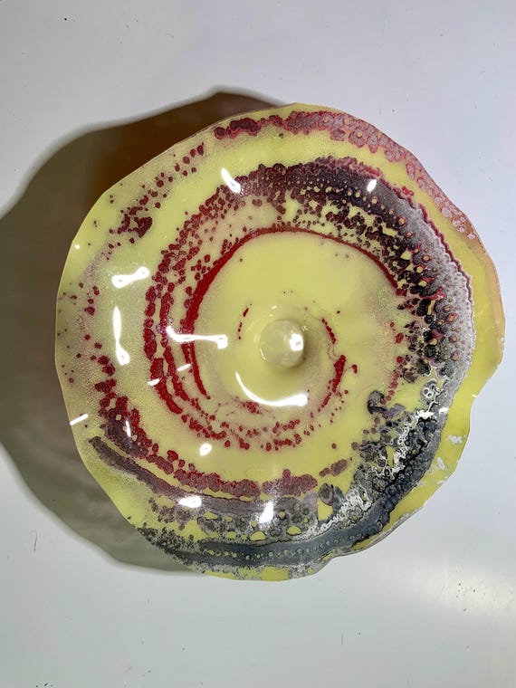 Sustainable plastic wall art medium 12” yellow/red/gray/handmade/bright home decor/funky outdoor art/looks like glass