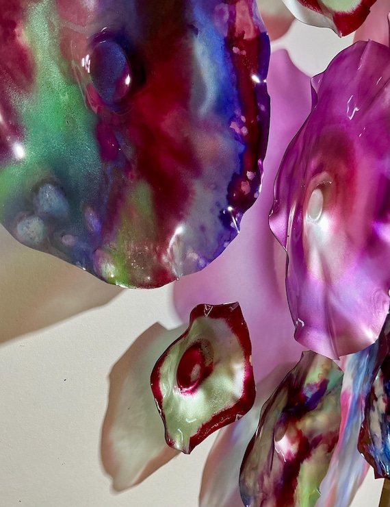 Vibrant Handmade Wall Flowers by Ocean Arts - set 8 - magenta, purple, blue & green- up cycled Polymer Glass-Look Decor