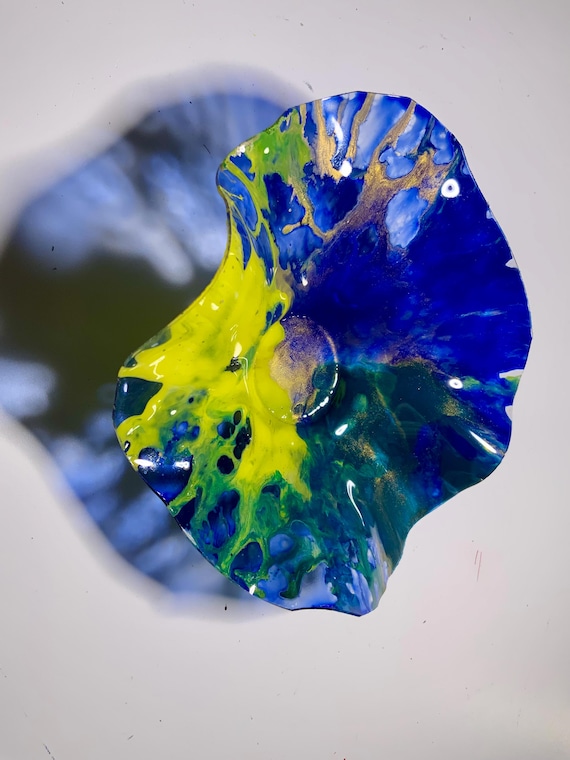 Extra Small Wall flower hanging 5” blue, green, yellow & gold handmade eco-friendly polymer /beach home decor/looks like glass
