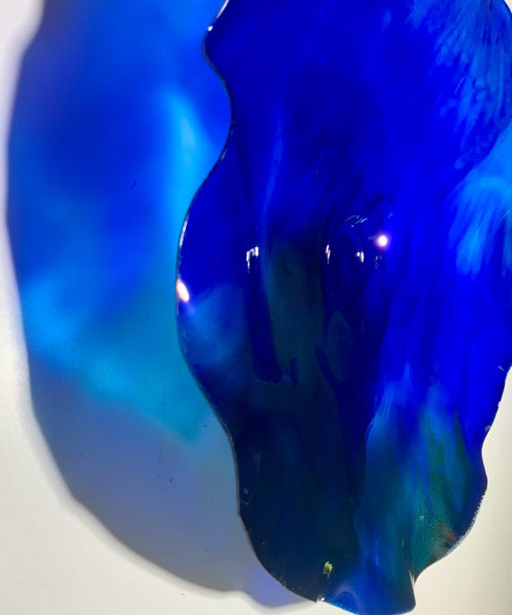 Recycled water bottle wall flower accent 12" Persian blue handmade eco art boho coastal home decor/bechy patio art/looks like glass