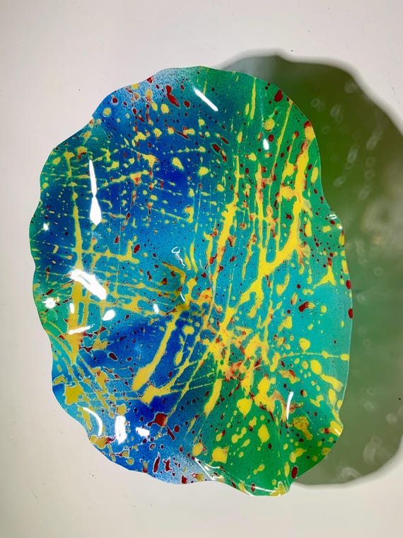 Medium wall flower handmade upcycled plastic eco art 12" sea blue/green/yellow/red beach home decor wall hanging/looks like glass