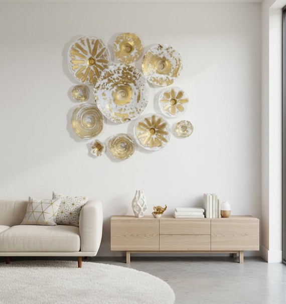 Made to order Large wall art decor Gold/White 11 up cycled polymer - looks like glass/fine art living room home mural art/designer plates