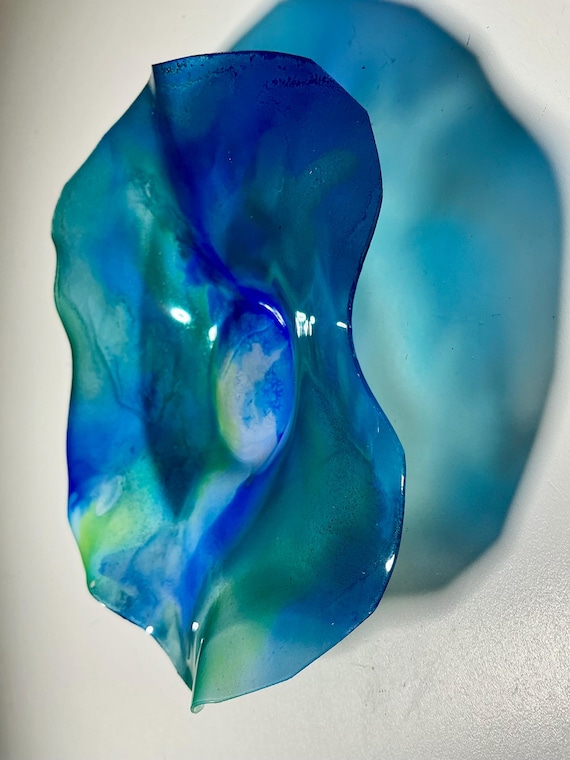 Handmade Upcycled Polymer Wall Flower Art – blue & green (5 Inch) Glass Look