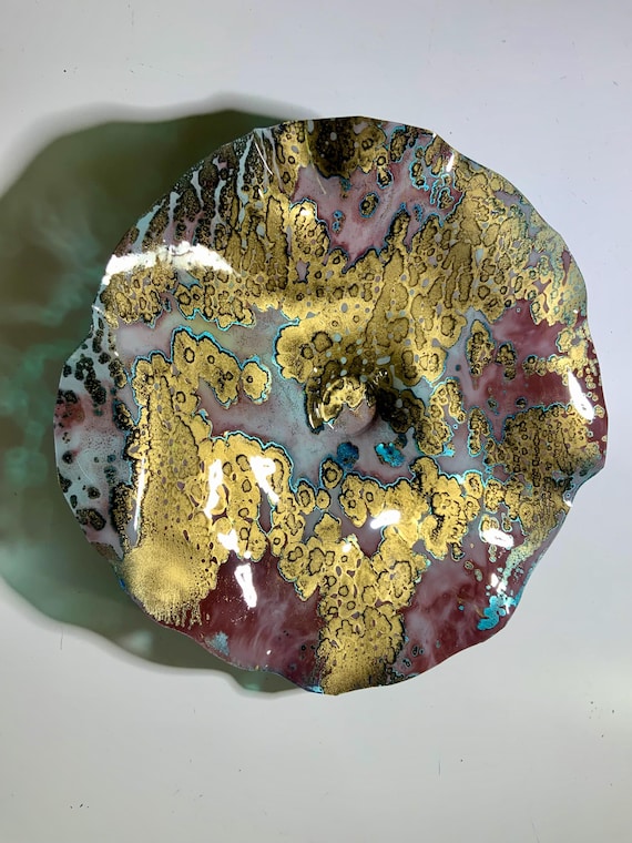 Recycled water bottle wall flower accent art 12" gold/mauve/teal handmade one of a kind;eco art boho home decor/yard art/looks like glass