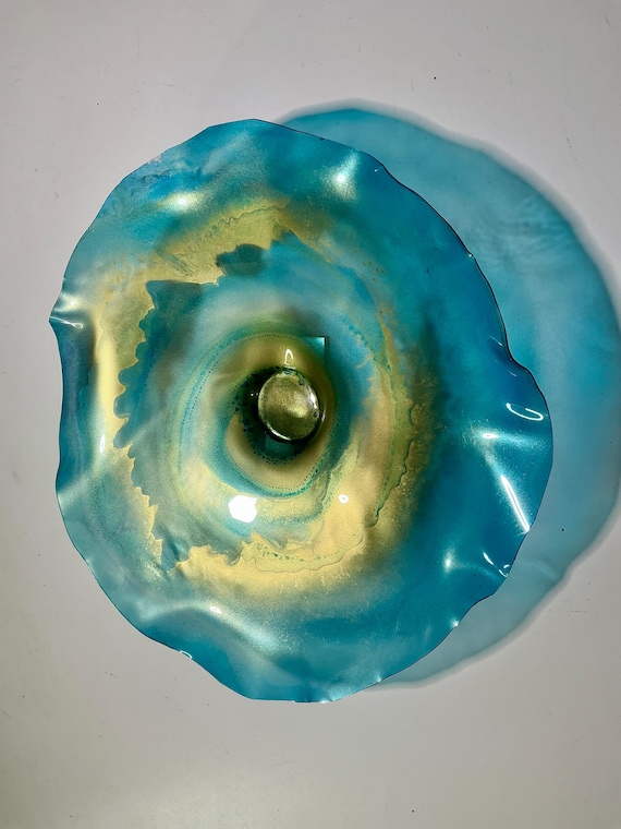 Recycled water bottle wall flower home accent art 12" aqua teal blue & gold handmade eco art - looks like glass