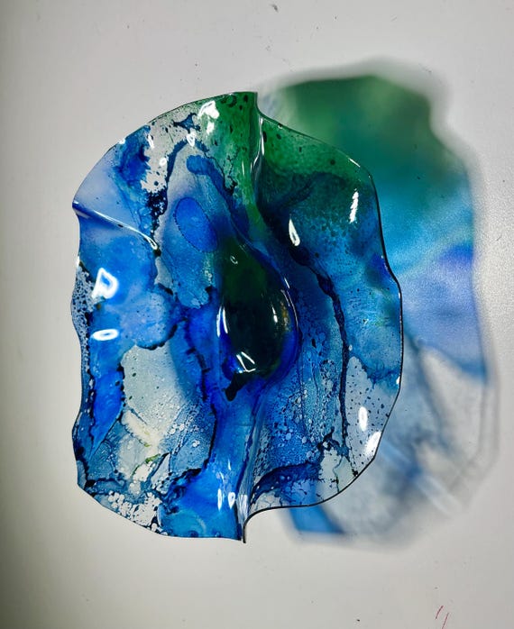 Recycled plastic one of a kind x-Small wall flower 5” handmade blue/green boho home decor/outdoor art/looks like glass/gift for her