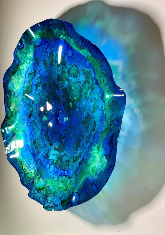 Circular wall flower handmade beach living room decor art recycled plastic 19” marine green-blue/looks like glass/Todd Lynd art/unique gift