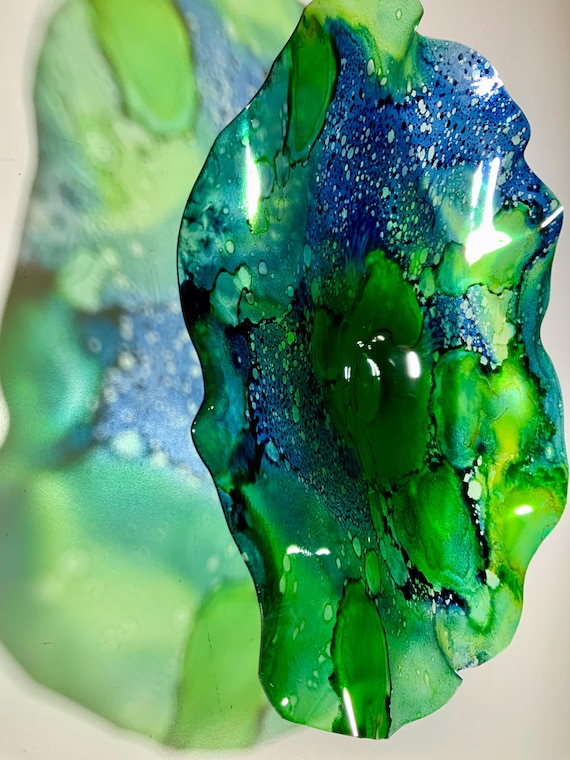 Round floral wall hanging medium 12" blue/green handmade/recycled plastic/boho beach home decor/coastal eco art/looks like glass