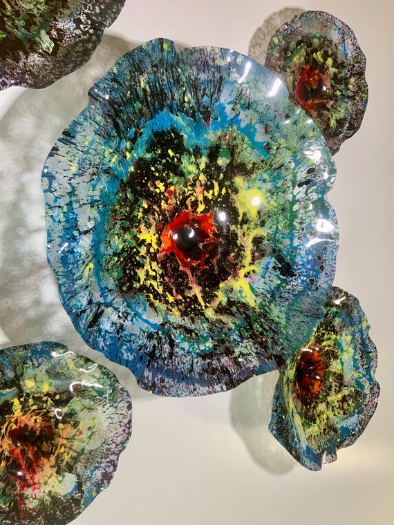 Recycled Plastic Wall Flower Sculpture set of 5: Colorful Boho Home Decor- glass like look