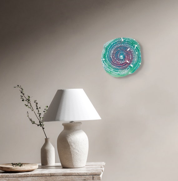 Round wall decor medium 12" mint green/aqua/pink/white handmade/recycled plastic/boho beachy home decor/funky art/looks like glass