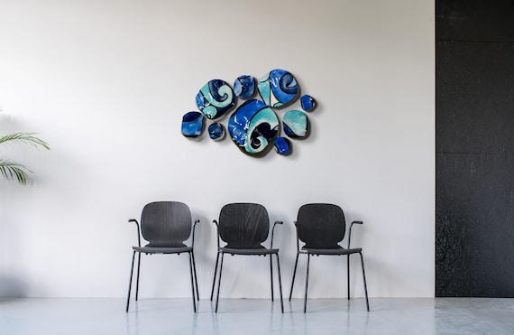 Original Wall flower sculpture shades of blue/aqua/black up cycled plastic indoor decor/looks like glass/home wall mural