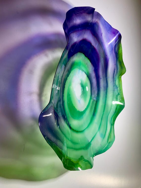 One of a kind cool wall sculpture plate 15” handmade upcycled plastic amethyst purple/green/white home decor wall hanging/looks like glass