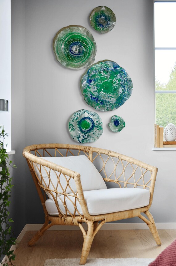 One-of-a-Kind Set of 5 Wall Murals - Upcycled Polymer Beachy Interior Art in Green & Blue-glass like look